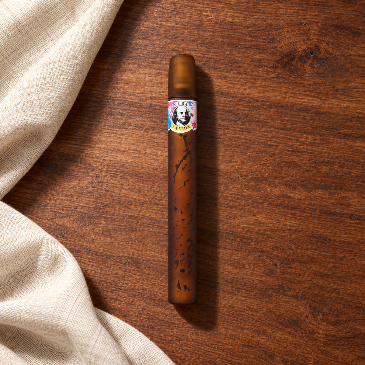 Cuba La Vida 35 ml – parfém v prostředí, pohled shora s bočním stínem