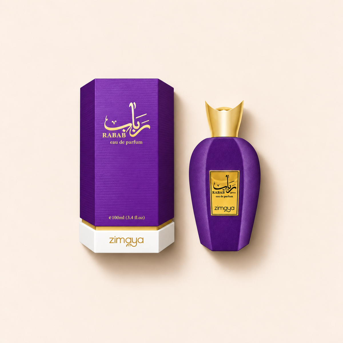 Zimaya Rabab Gems EDP 100 ml – flakon s originálním obalem na béžovém pozadí, pohled shora