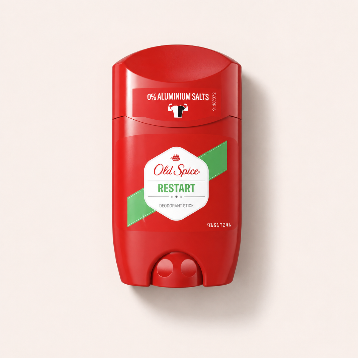 Červené balení tuhého deodorantu Old Spice Restart 50 ml na béžovém pozadí – MrRizz