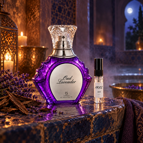 Ahmed Al Maghribi Oud Lavender – původní prostředí s lahvičkou vzorku MrRizz