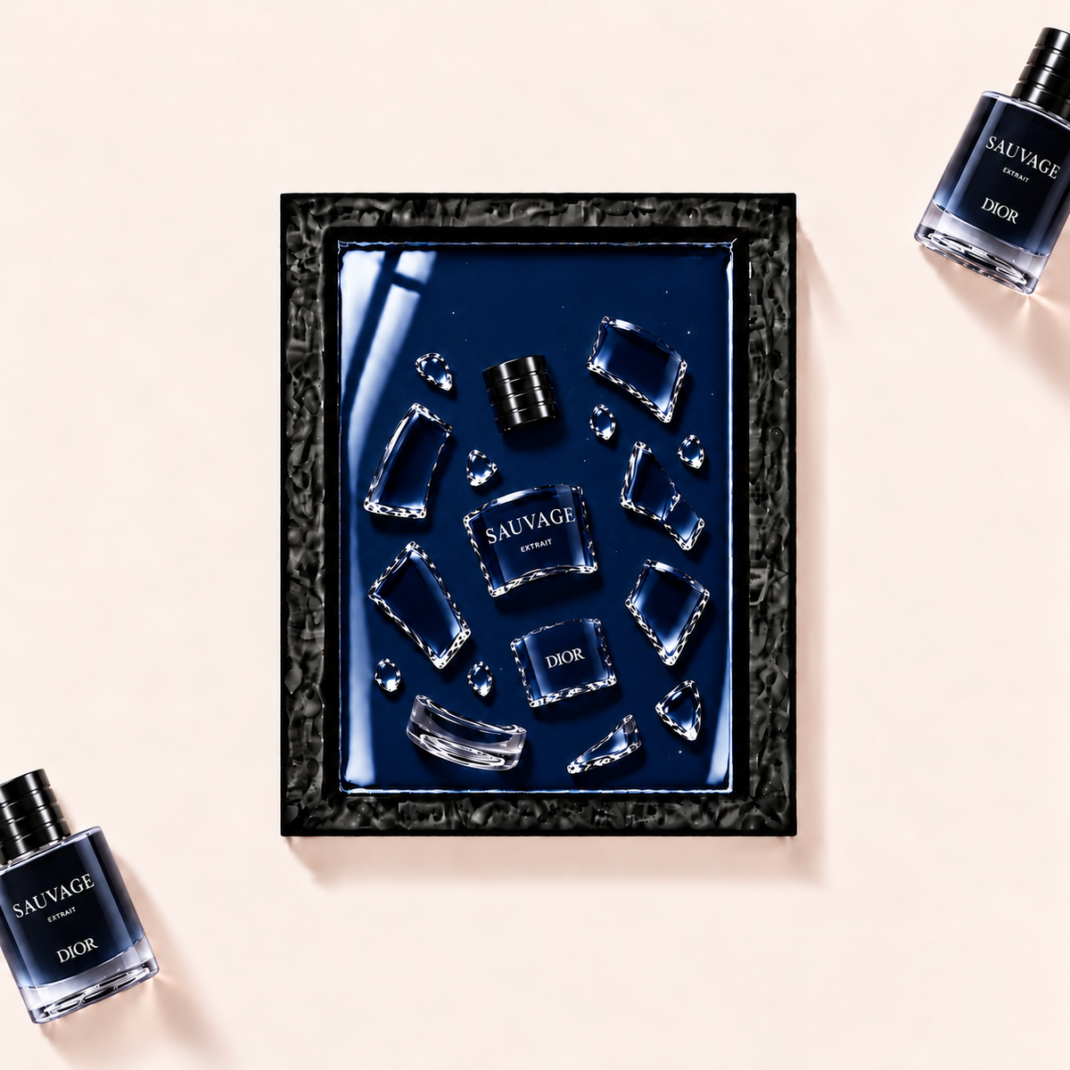 Parfemovy obraz Dior Sauvage Extrait v cernem ramu - ilustracni fotografie