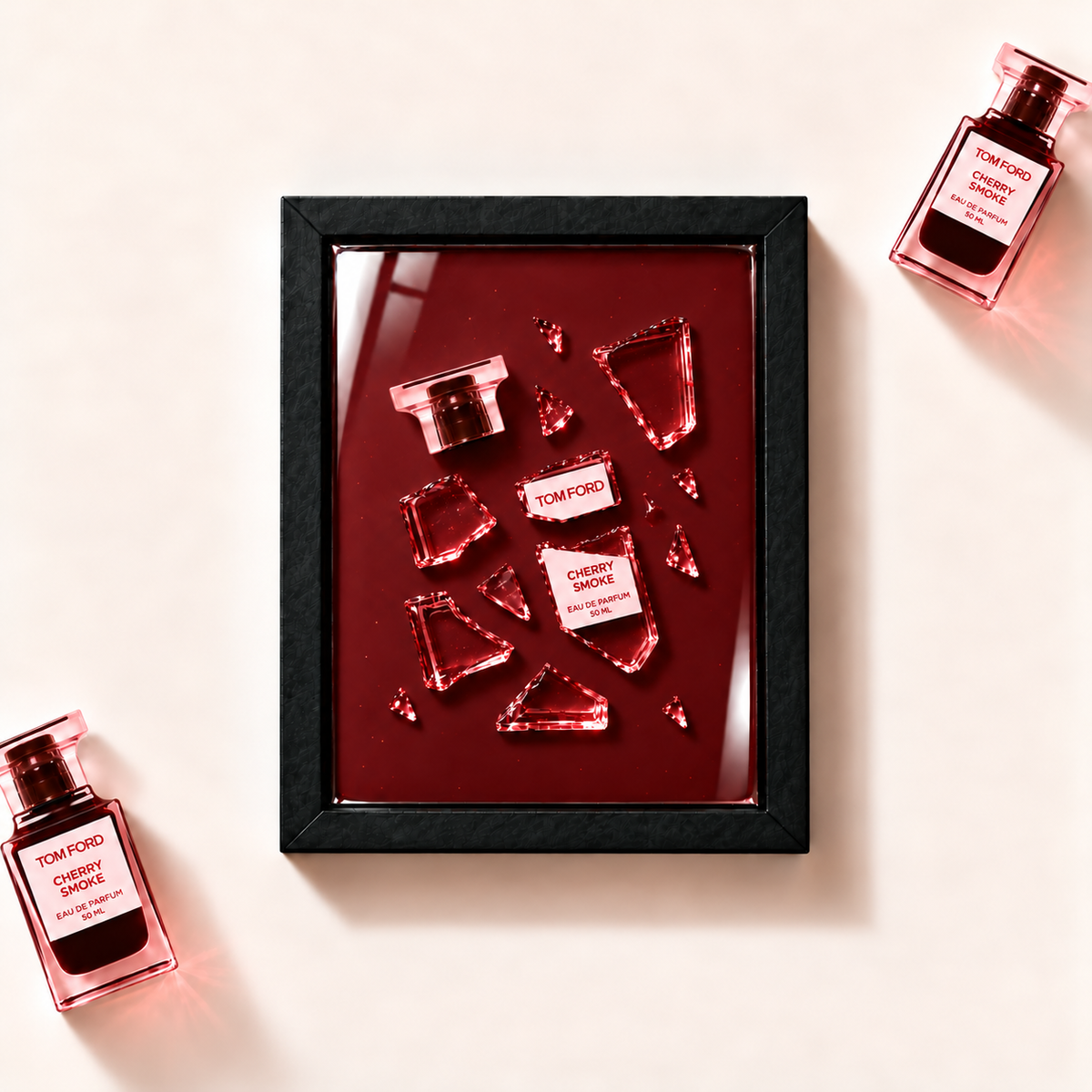 Ilustrační parfémový obraz Tom Ford Cherry Smoke z fragmentů originálního flakonu v černém rámu