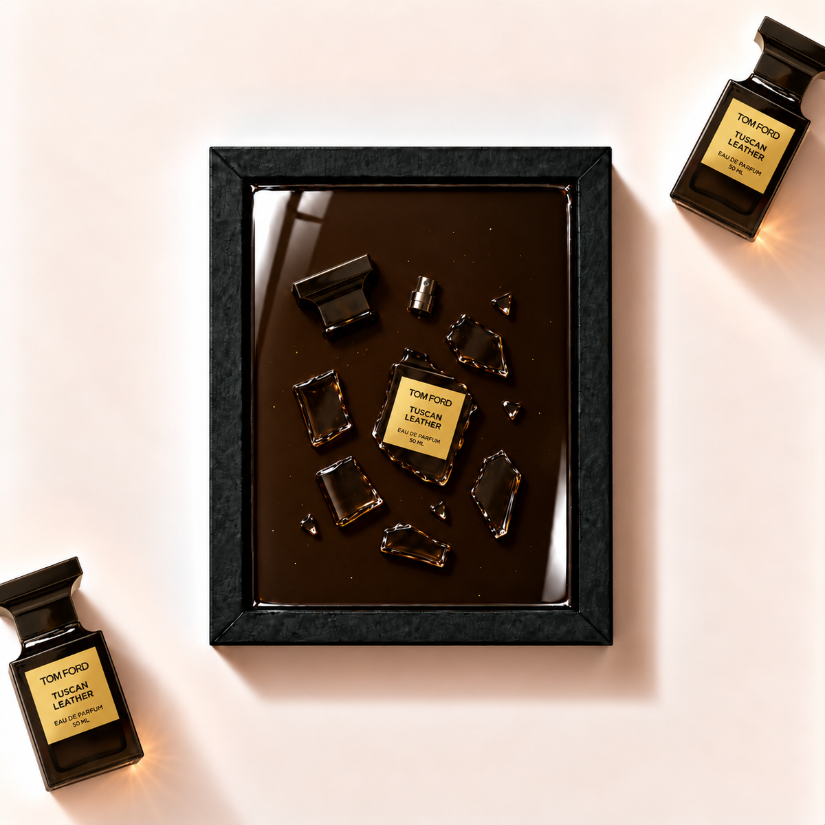 Ilustrační parfémový obraz Tom Ford Tuscan Leather z fragmentů originálního flakonu v černém rámu