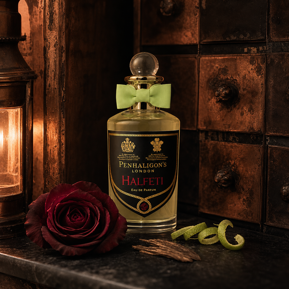 Penhaligon’s Halfeti vedle lucerny a starých zásuvek s tmavou růží a citrusovou kůrou – MrRizz