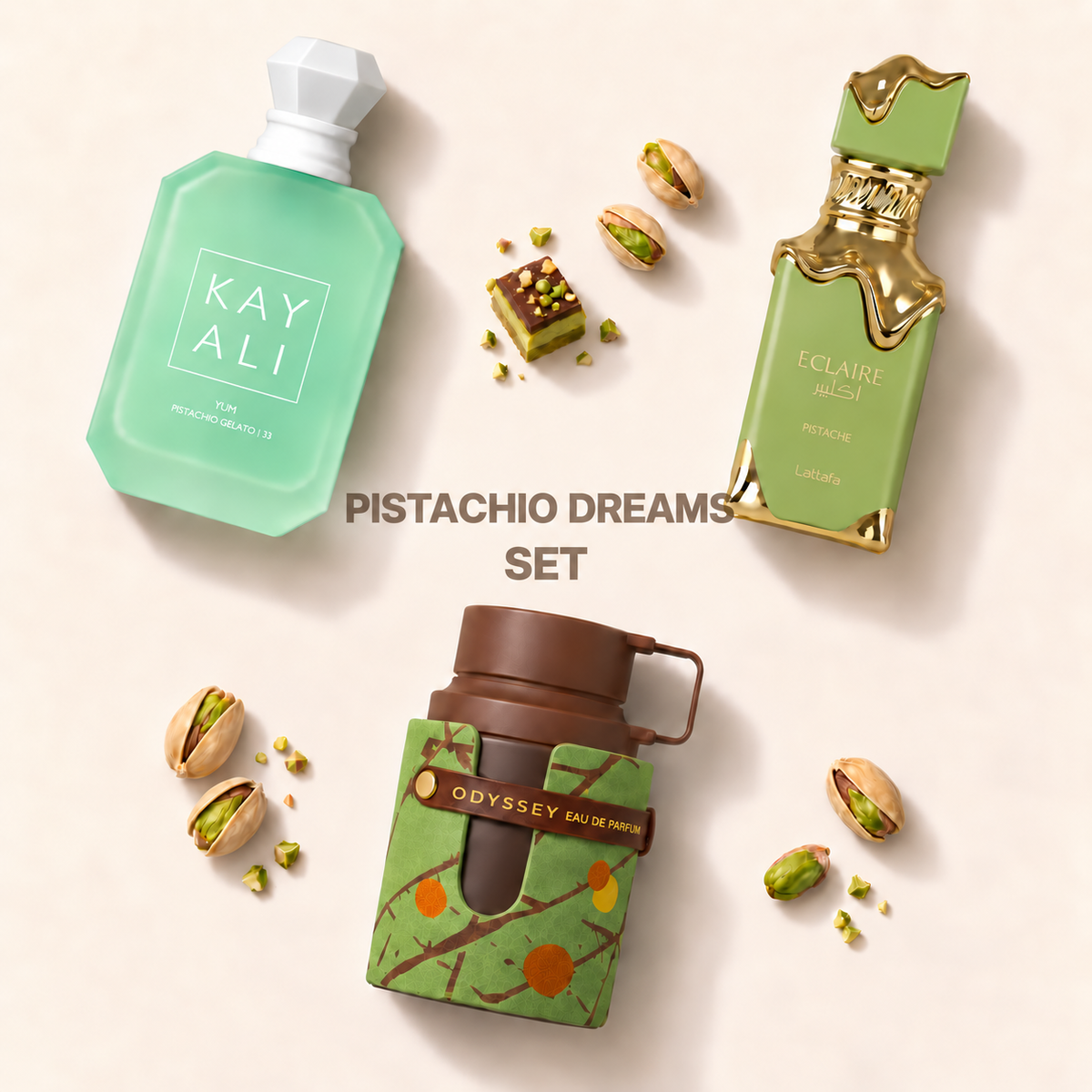 Parfémy ze sady Pistachio Dreams na jednotném béžovém pozadí – MrRizz