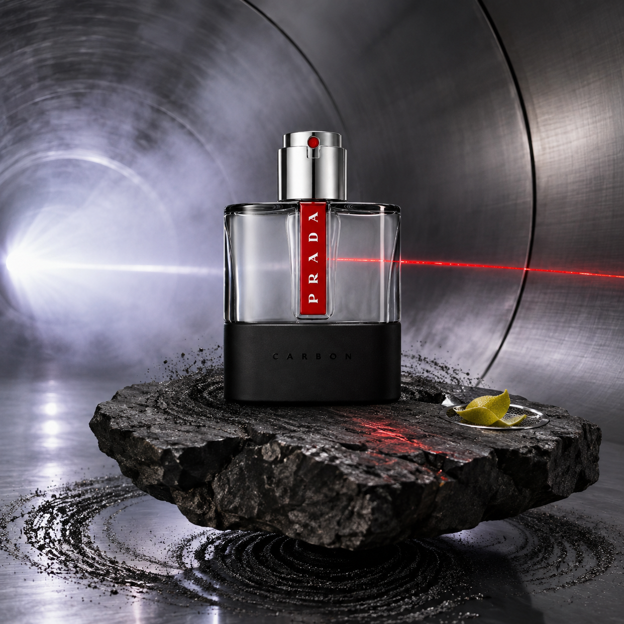 Prada Luna Rossa Carbon EDT na černé skále v kovovém tunelu s červeným světelným paprskem – MrRizz