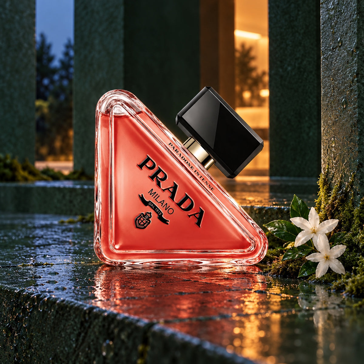 Prada Paradoxe Intense 90 ml, večerní zátiší se zelenou architekturou, mechem a jasmínem – MrRizz