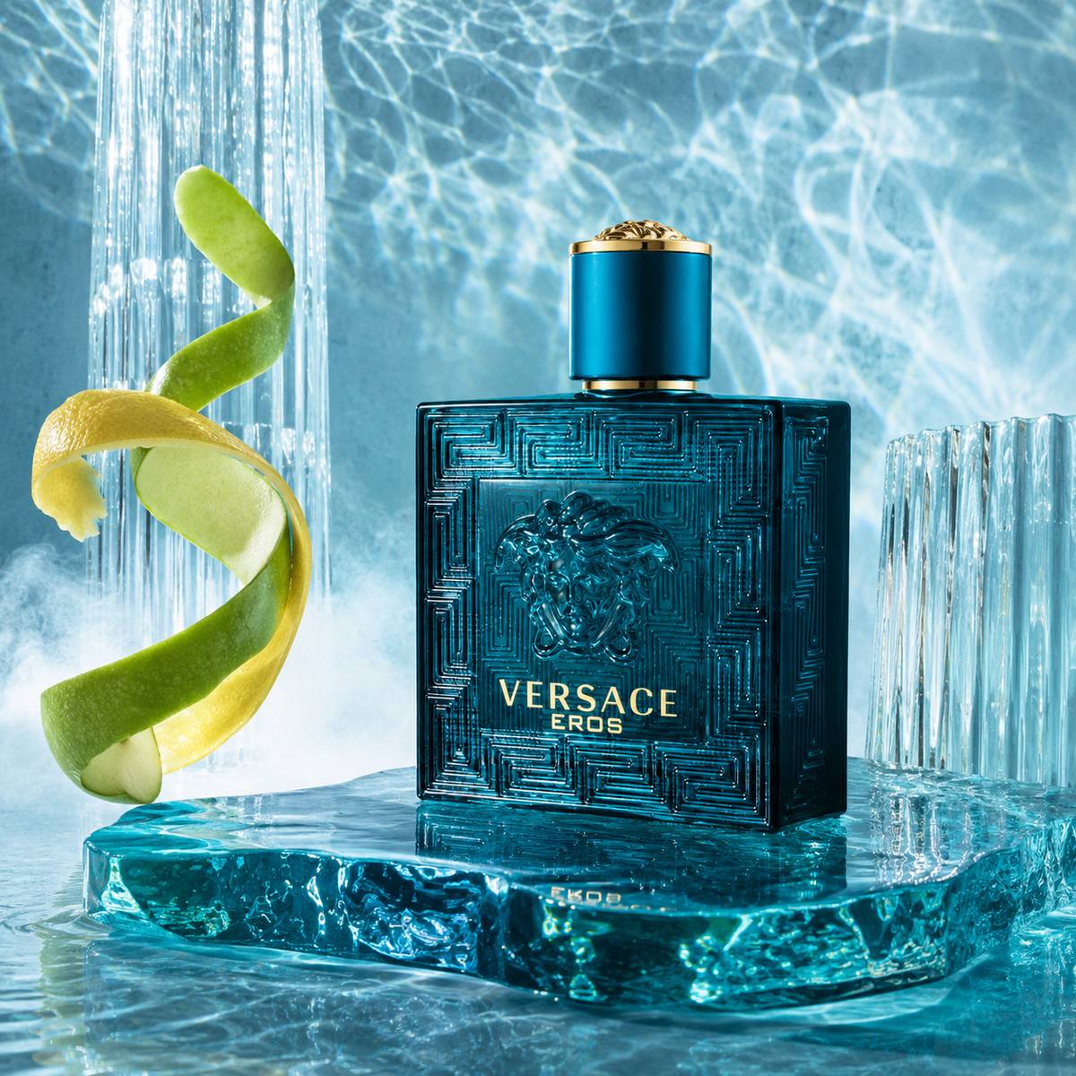 Versace Eros EDT – emocionální fotografie s antickým sklem, vodou a citrusy – MrRizz