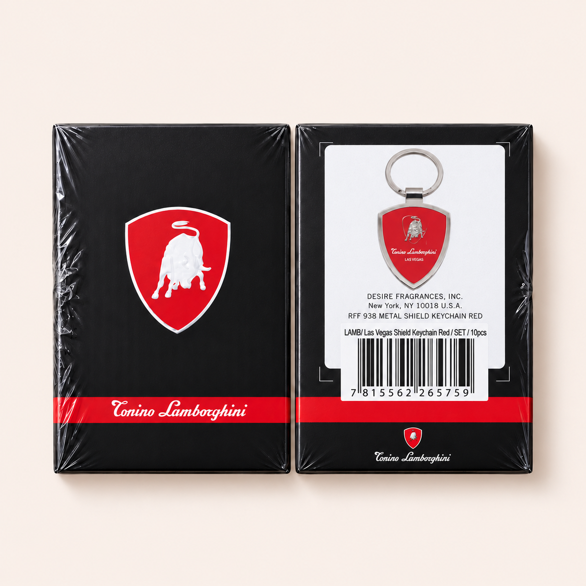 Lamborghini Las Vegas Keychain Set Red – červený přívěsek ve tvaru štítu, balení 10 kusů – MrRizz