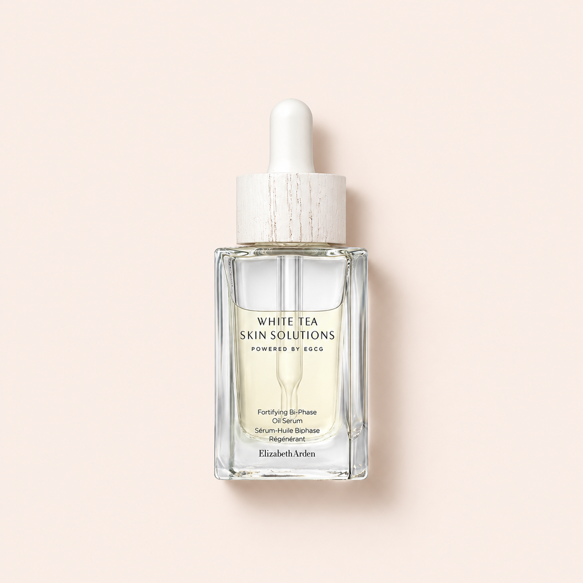 Elizabeth Arden White Tea Skin Solutions Fortifying Bi-Phase Oil Serum 30 ml – produkt ležící na zádech, pohled shora