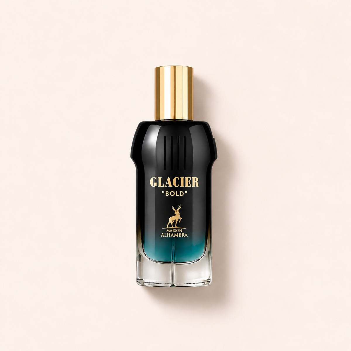 Maison Alhambra Glacier Bold 100 ml – flakon parfému, pohled shora na béžovém pozadí – MrRizz