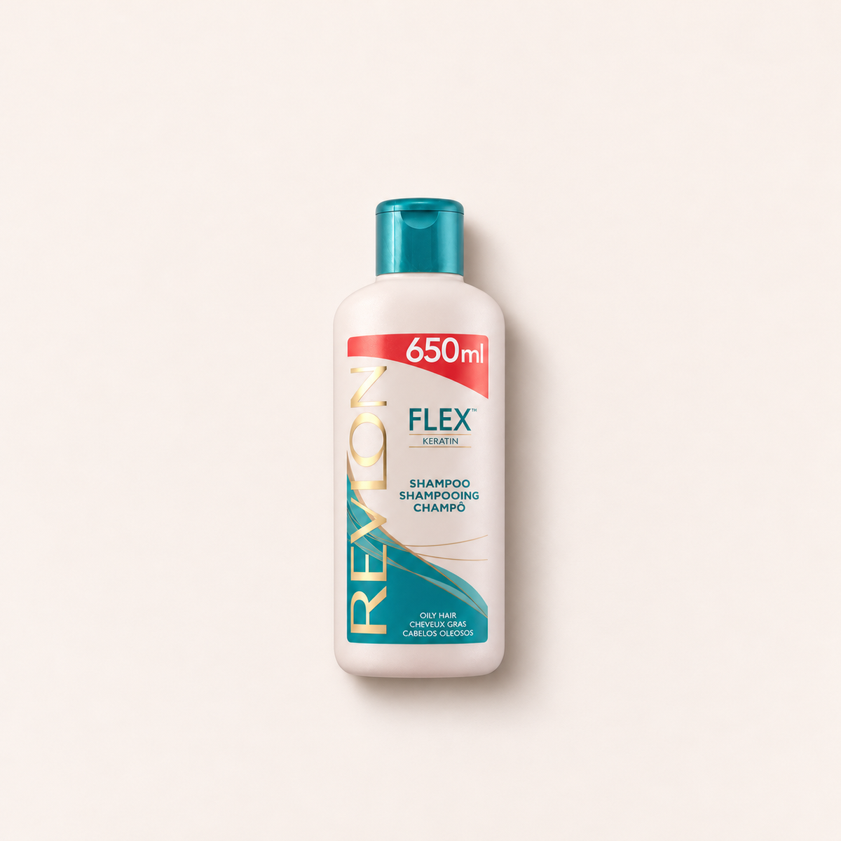 Revlon FLEX Keratin šampon pro mastné vlasy650ml – produktové balení na světlém pozadí – MrRizz