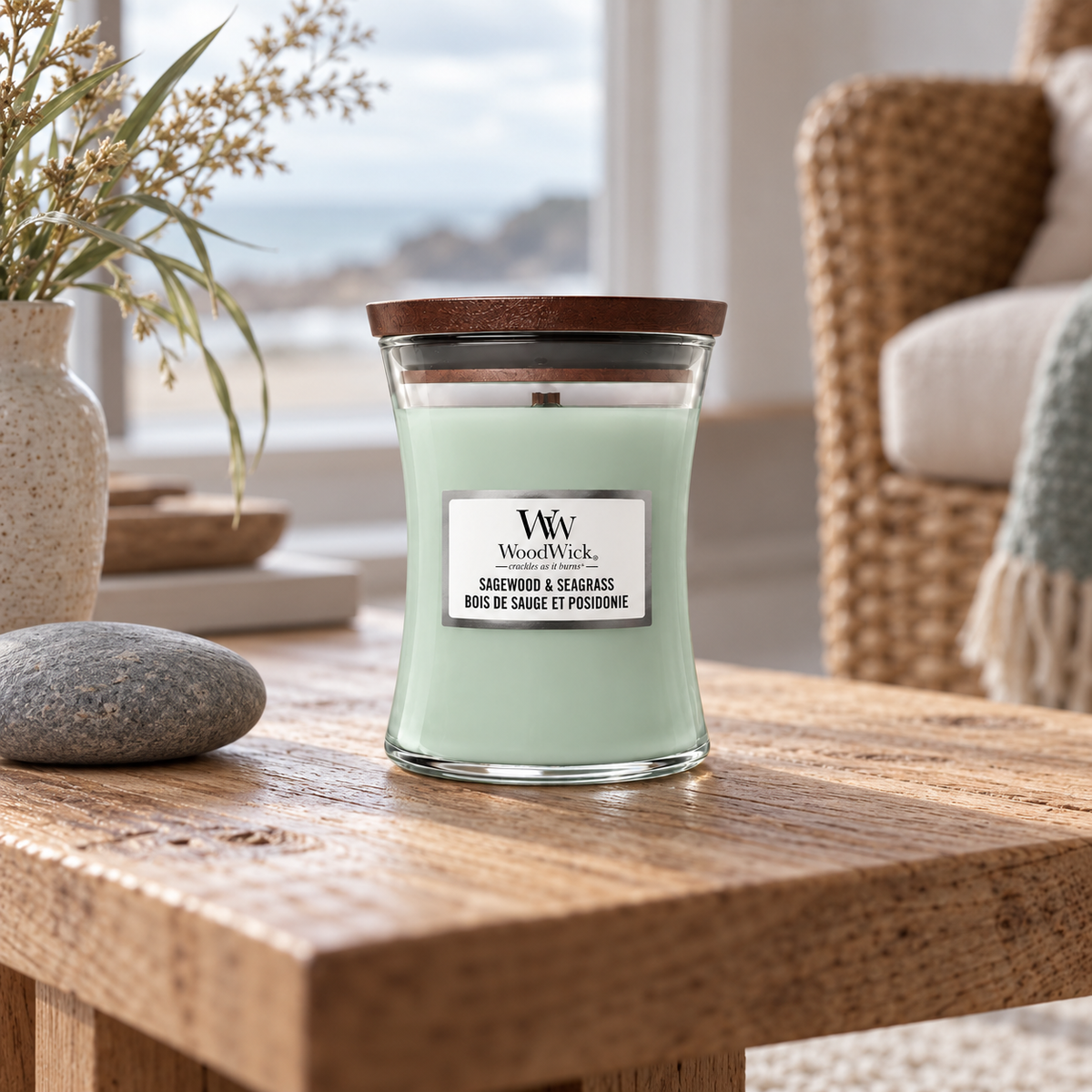 WoodWick Sagewood & Seagrass 275 ml – atmosférická fotografie – MrRizz