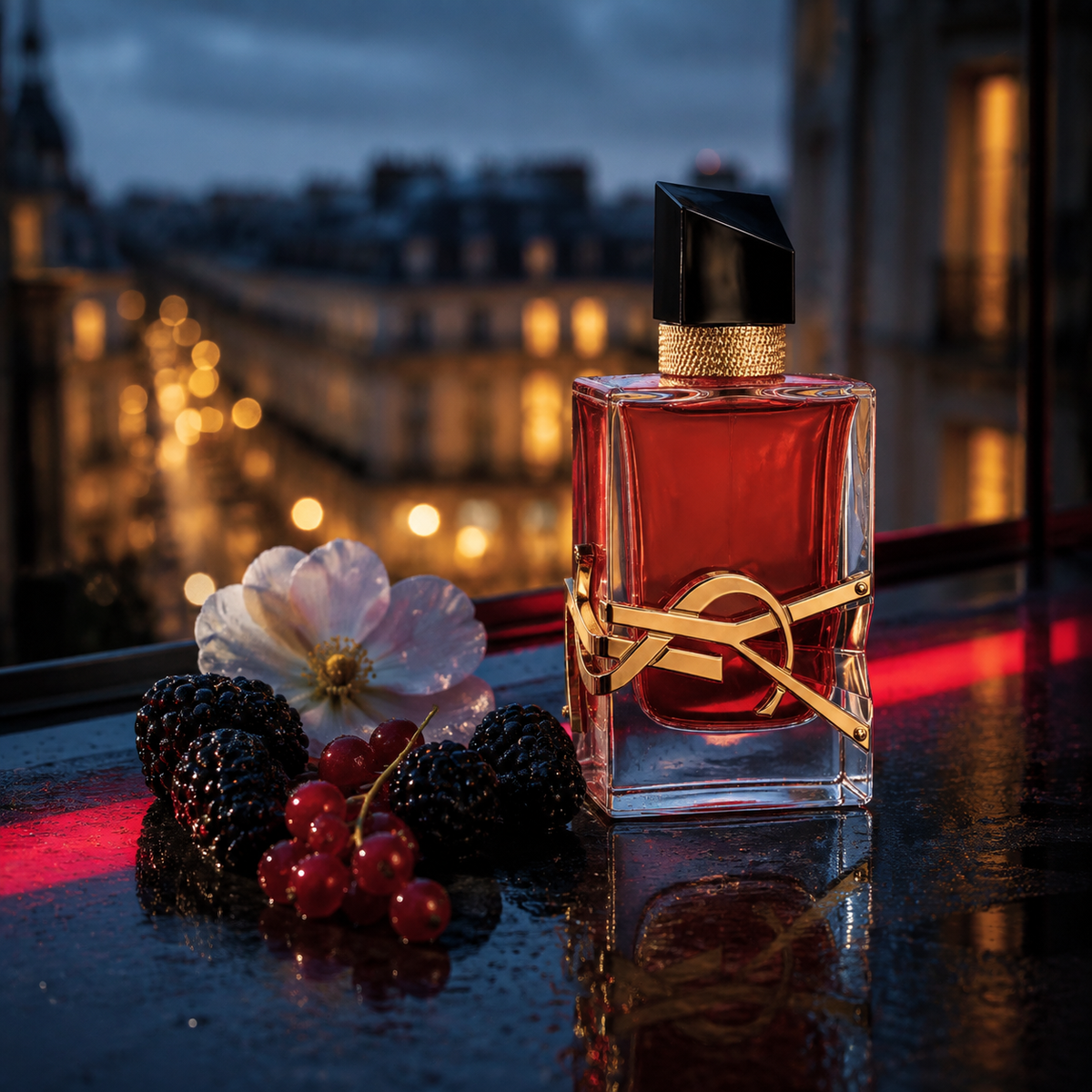 Yves Saint Laurent Libre Berry v emocionální městské scéně s lesními plody a večerním světlem – MrRizz