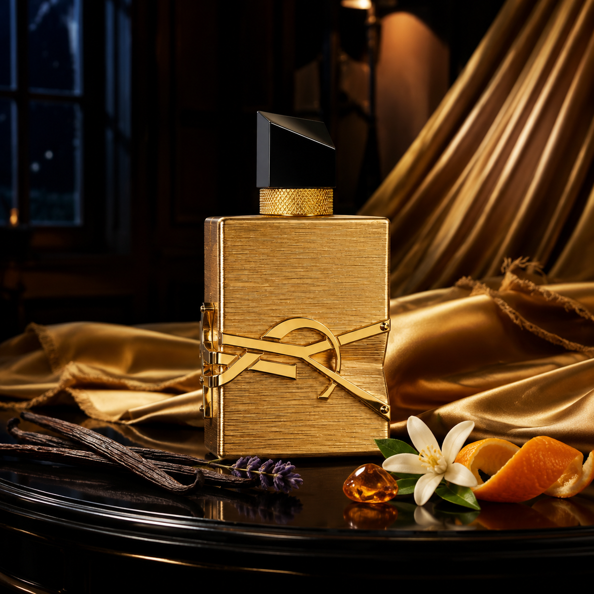 YSL Libre Vanille Couture – zlaté couture zátiší s vanilkou, levandulí a pomerančovým květem – MrRizz