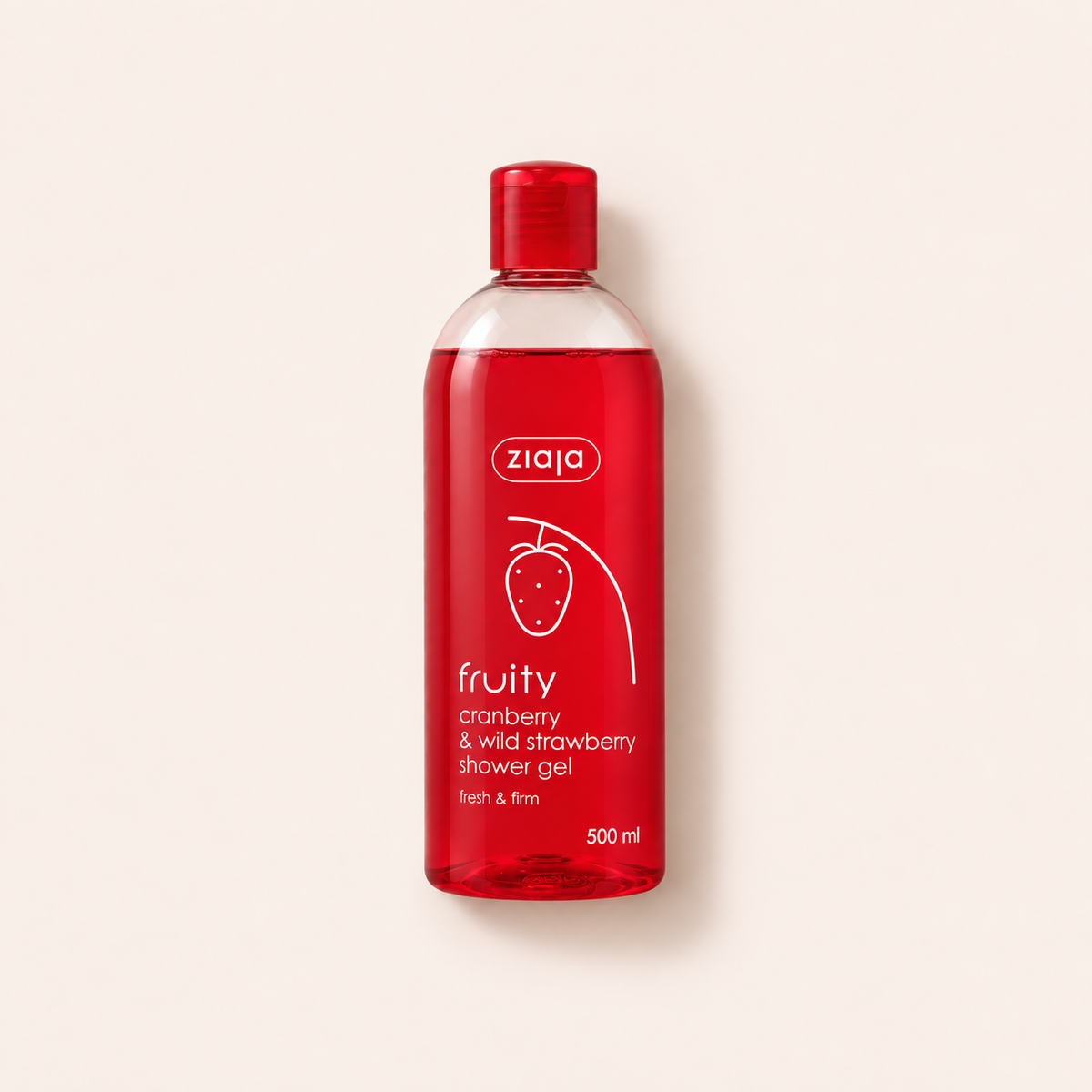 Ziaja Fruity sprchový gel brusinka a lesní jahoda 500 ml na béžovém pozadí – MrRizz